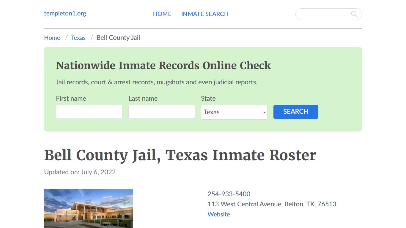 Bell County Jail, Texas Inmate Booking - Templeton